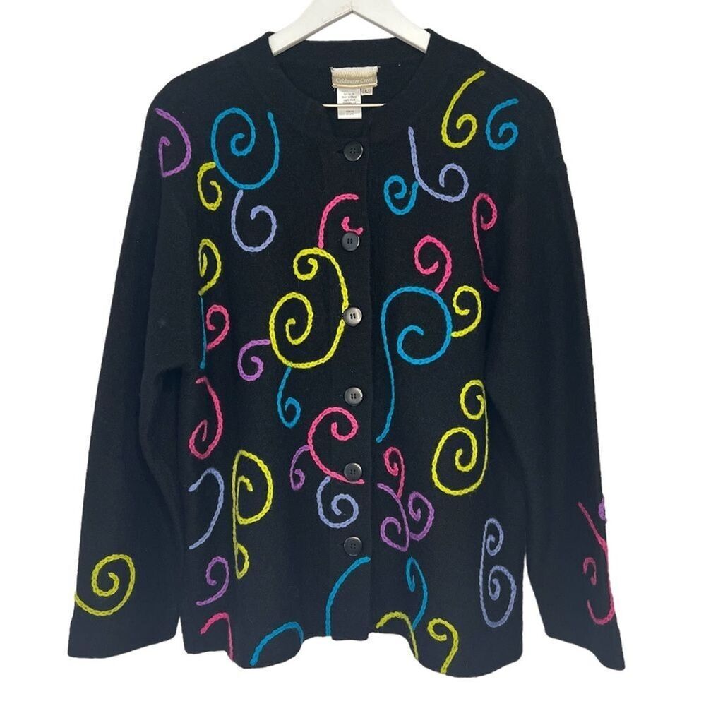 Coldwater Creek Embroidered Wool Jacket size Large Black Button Abstract Artsy